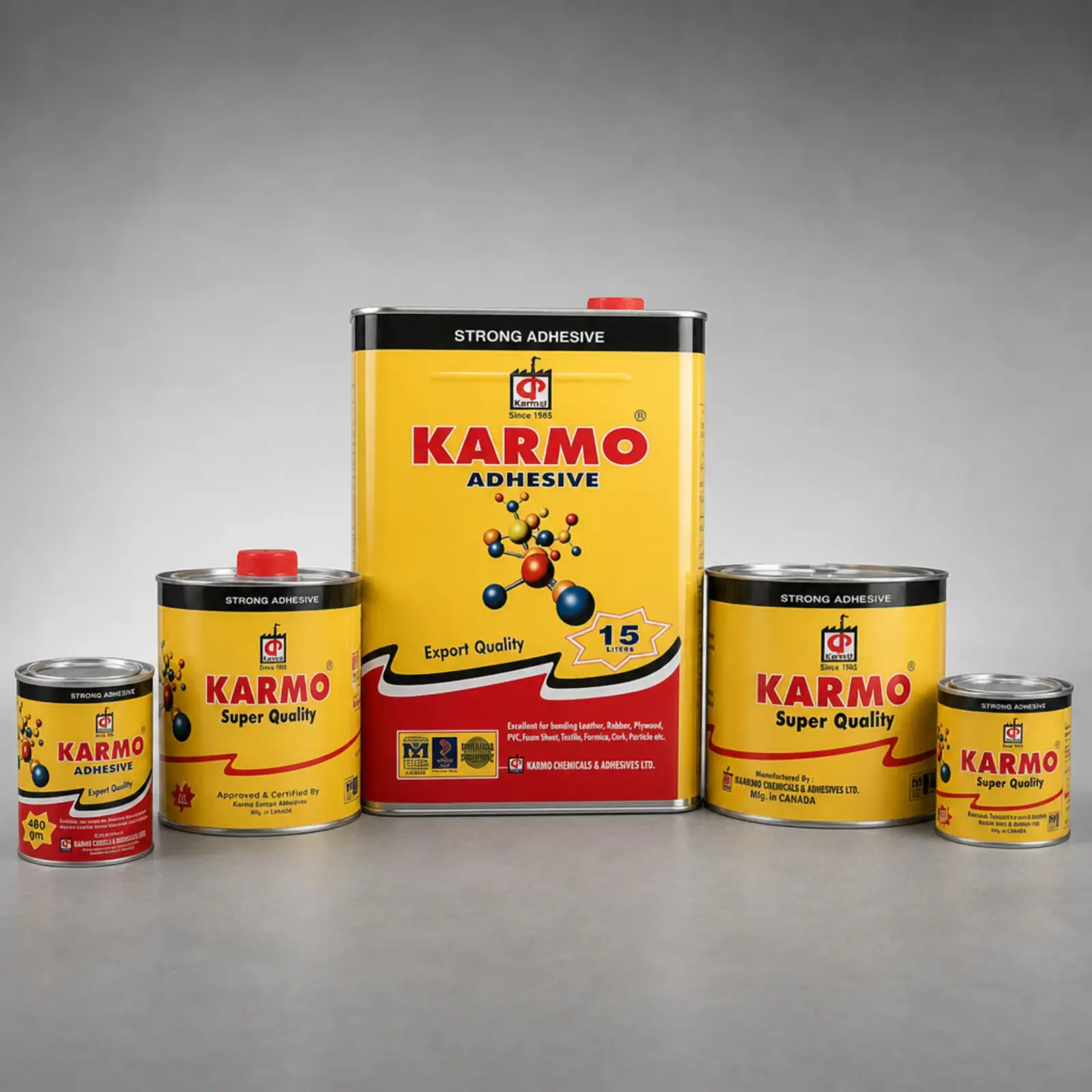 Karmo Chemicals adhesive tins in a professional studio