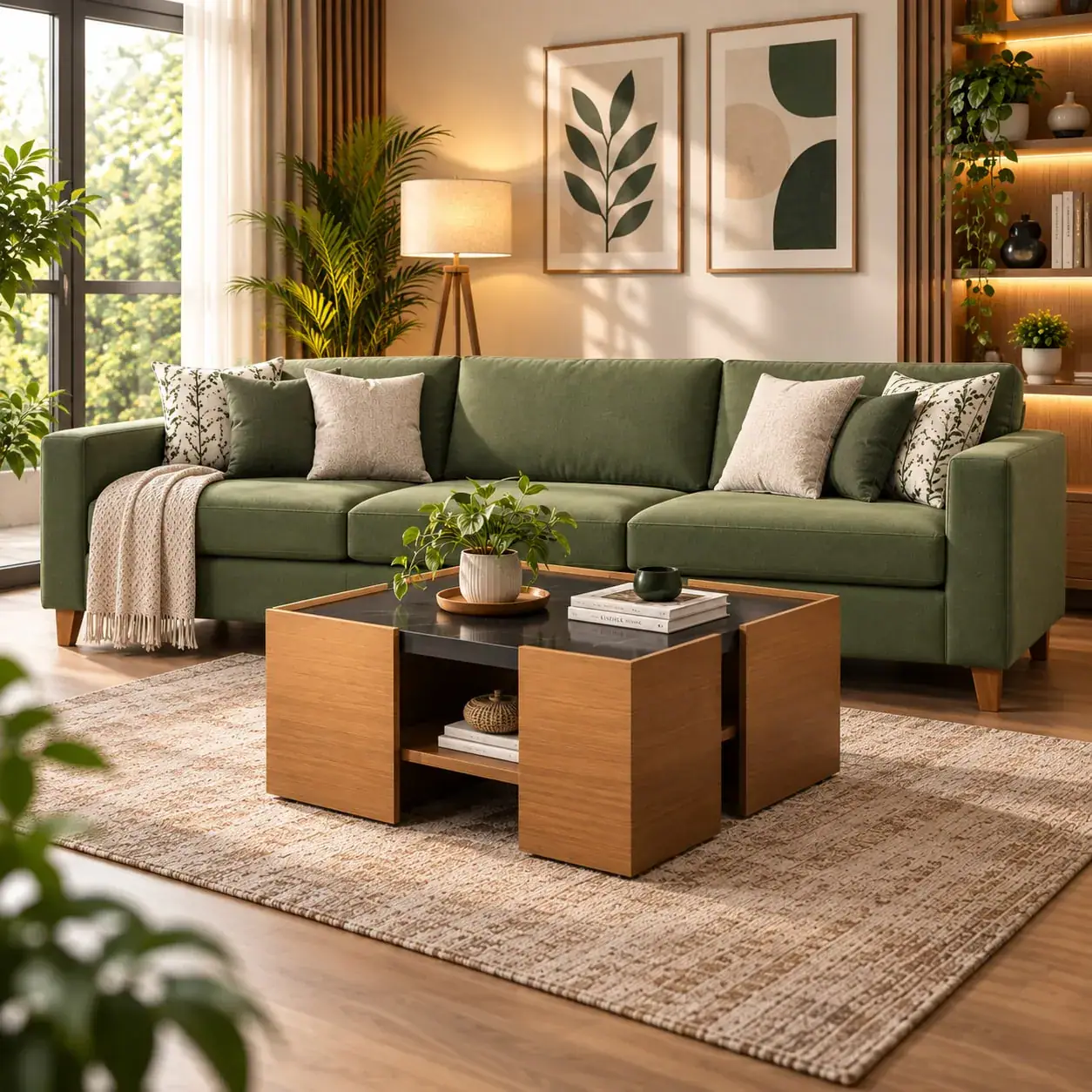 Olive three-seat sofa with Karmo foam in a sunlit living room