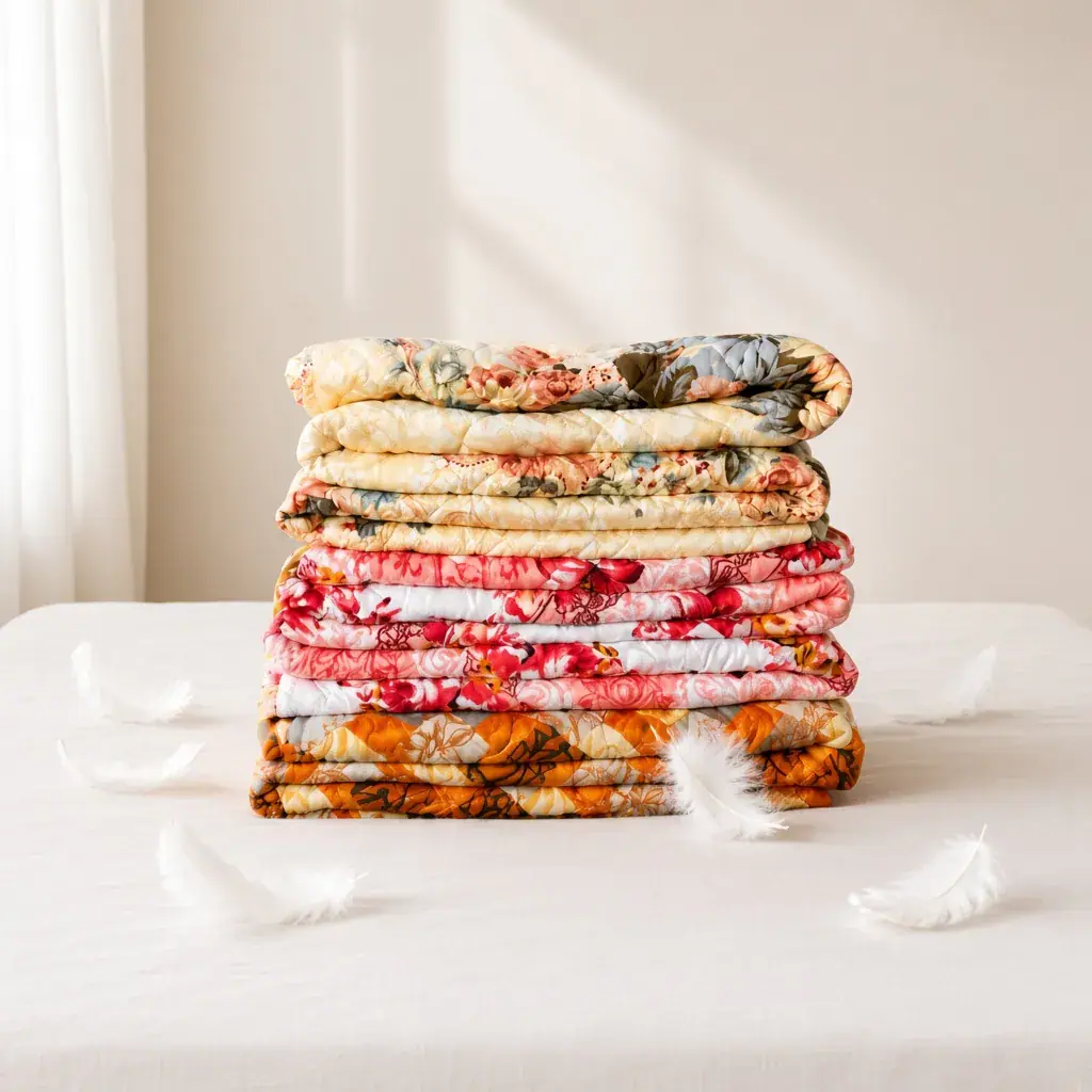 Stacked floral Karmo HomeTex quilts in a cream catalog studio