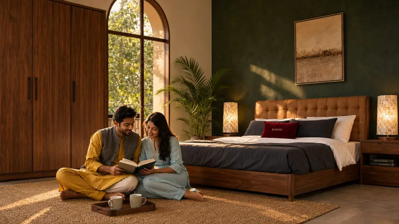 A couple reading on the floor beside a Karmo bed dressed in HomeTex bedding