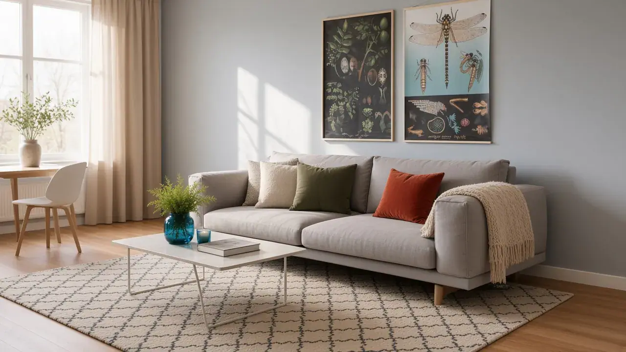 A calm Karmo living room with soft seating and natural light