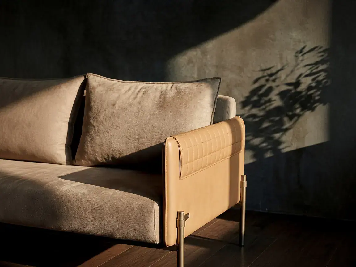 Taupe velvet sofa with tan leather arm, window light and plant shadow